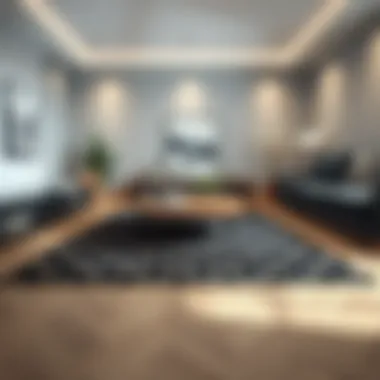 A beautifully designed black patterned rug enhancing a modern living room