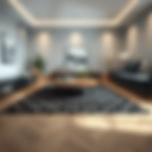A beautifully designed black patterned rug enhancing a modern living room