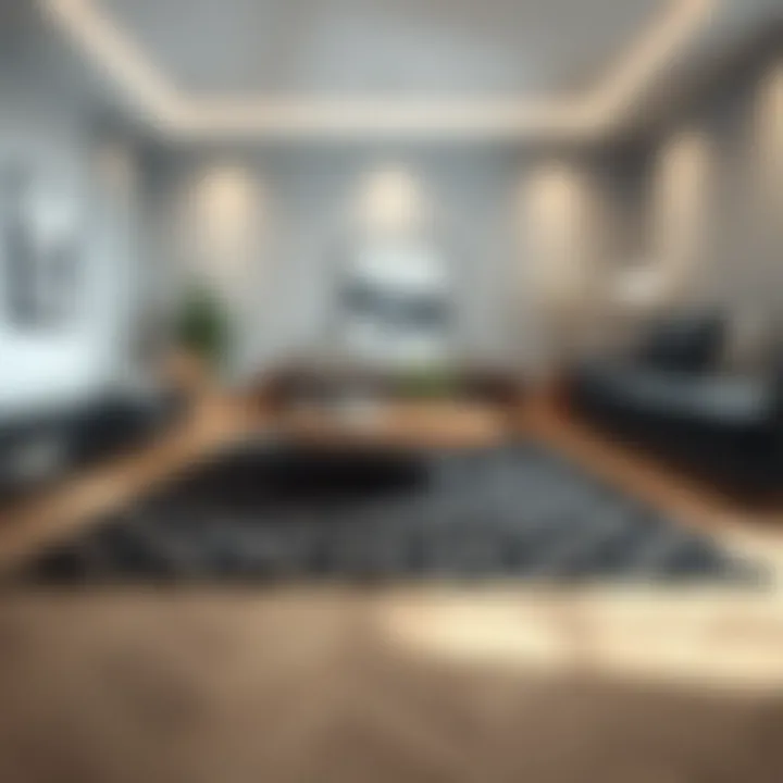 A beautifully designed black patterned rug enhancing a modern living room