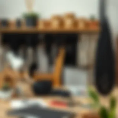 Creative Workspace with Macrame Supplies Creative workspace showcasing black macrame supplies