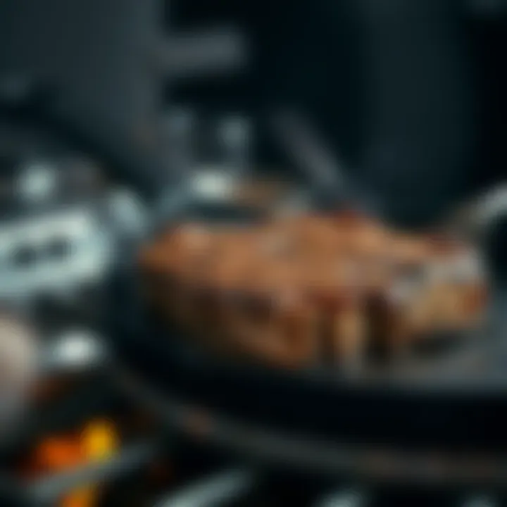 Perfectly Grilled Steak Experience Close-up of a sizzling steak on a grill pan