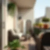 Stylish small balcony with a compact seating arrangement and decorative plants