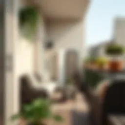 Stylish small balcony with a compact seating arrangement and decorative plants