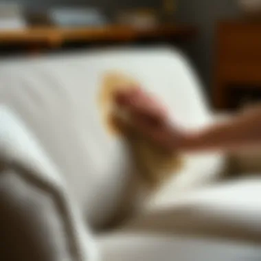 A person removing stains from a sofa with proper technique