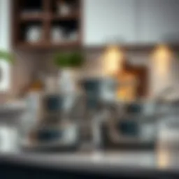 Elegant stainless steel cookware set displayed on a kitchen countertop