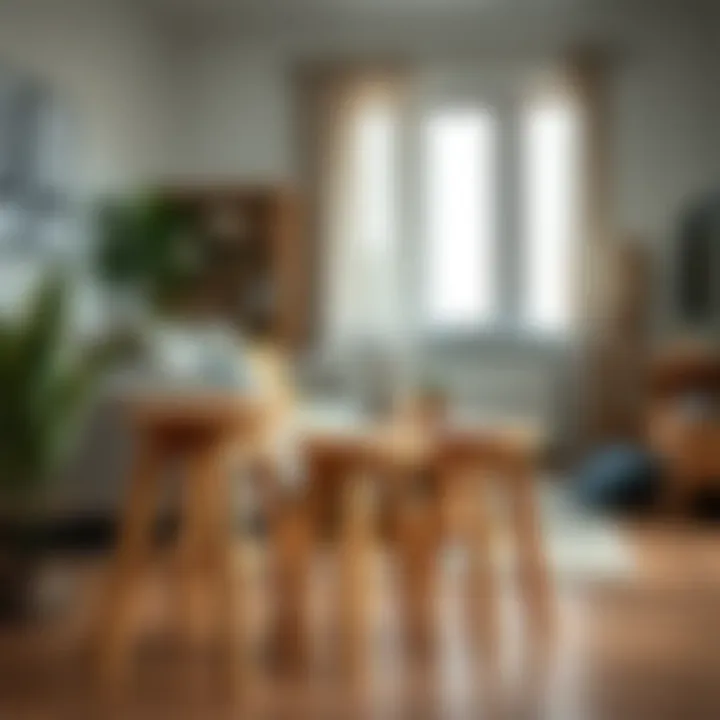 Stylish wooden stools in a cozy living room