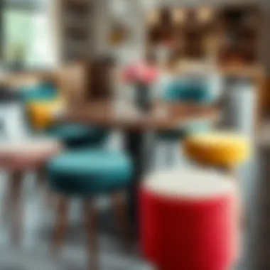 Colorful upholstered stools arranged around a dining table