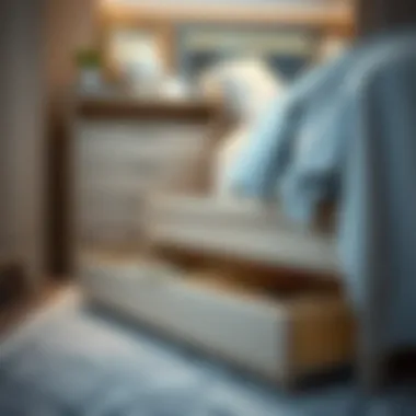 Close-up of storage drawers under a bed