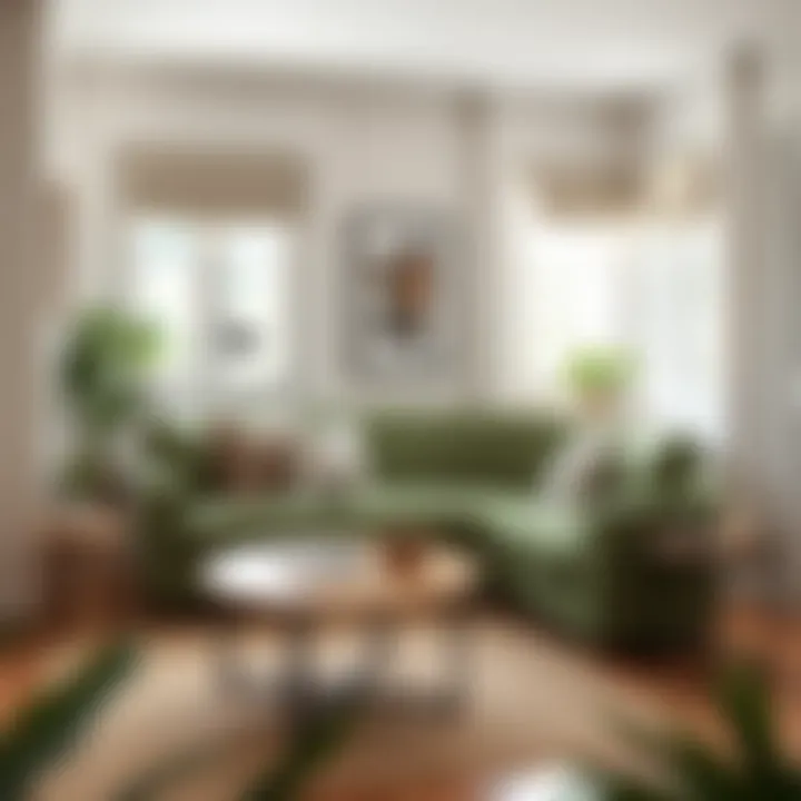 Stylish green cream sofa in a cozy reading nook