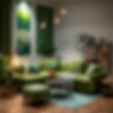 Stylish interior with a green corner sofa and decorative elements