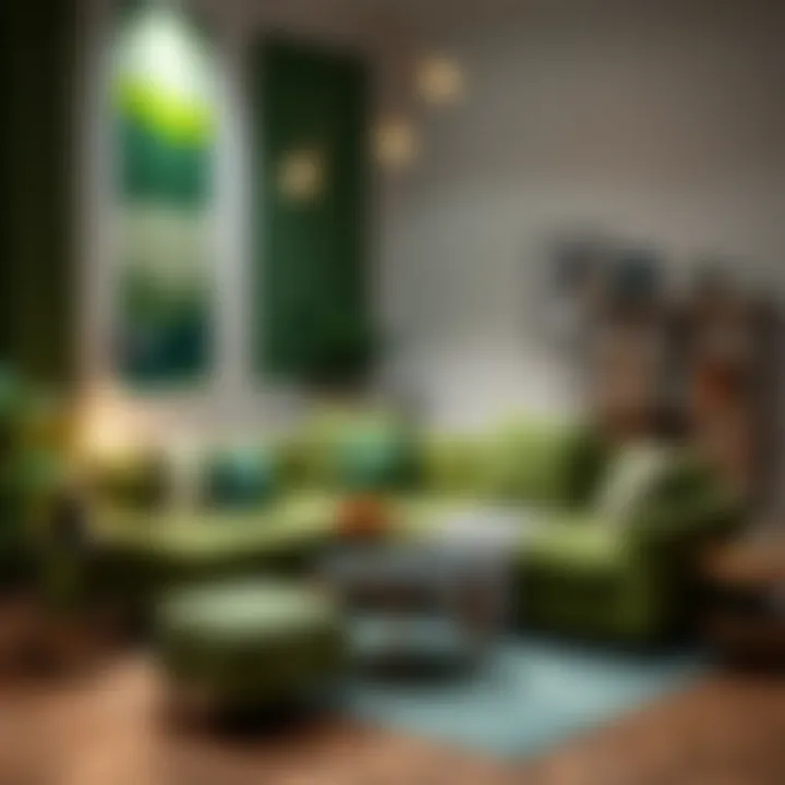 Stylish interior with a green corner sofa and decorative elements