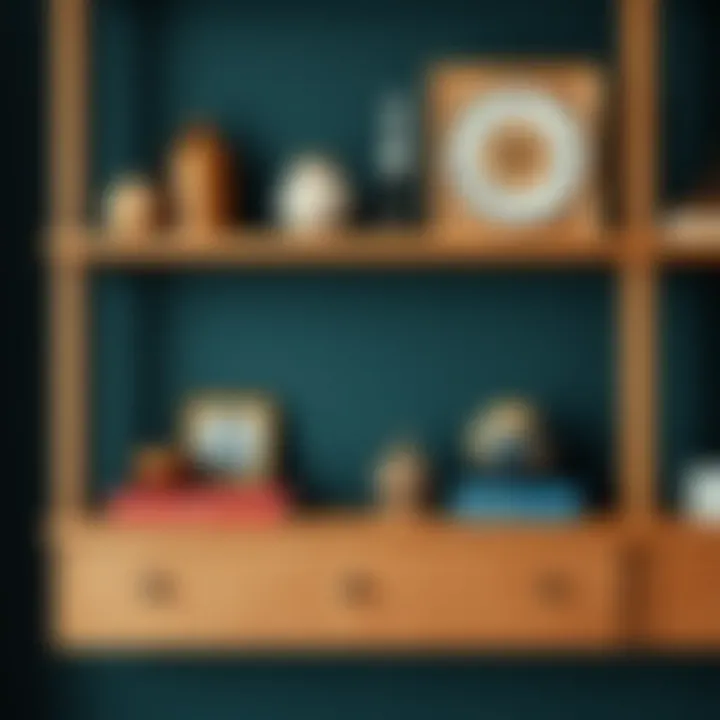 Stylish wooden shelf displaying decorative items