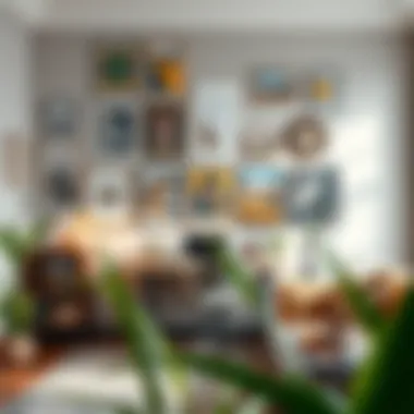 Creative arrangement of wall art that brings personality to a home office