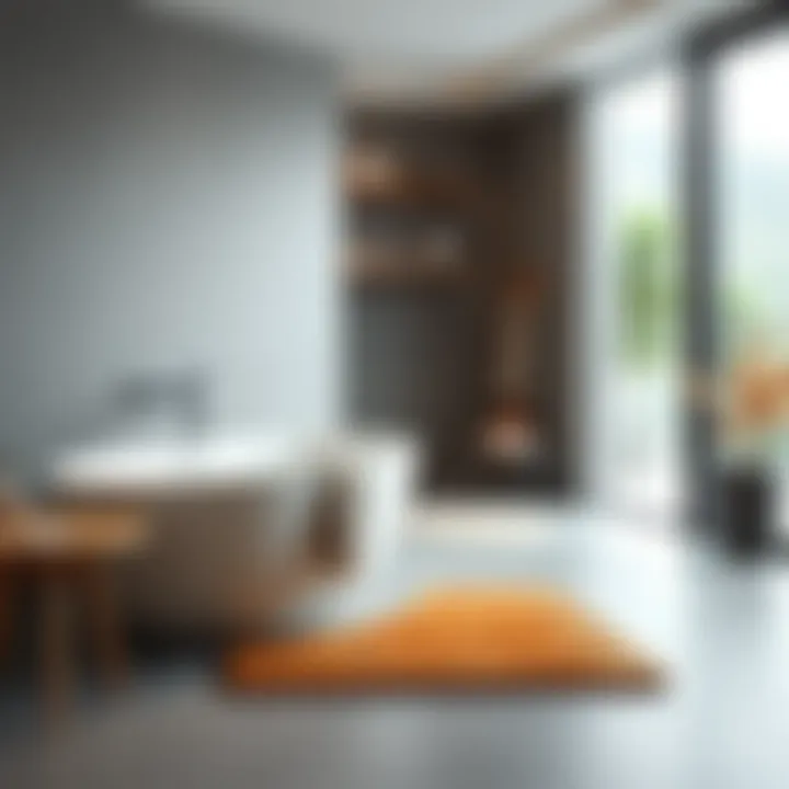 Stylish Wooden Bath Mat in Tranquil Bathroom Elegant wooden bath mat in a serene bathroom setting