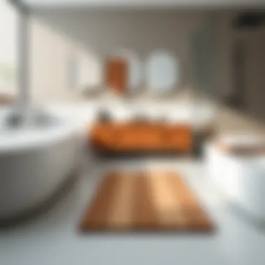 Contemporary Bathroom Highlighting Wooden Bath Mat A modern bathroom showcasing a wooden bath mat