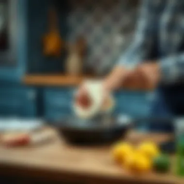 A person cleaning a Teflon pan, demonstrating maintenance techniques