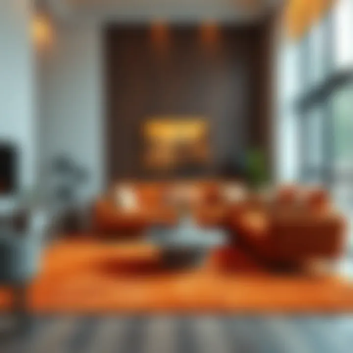 Vibrant orange patterned rug enhancing living room aesthetics