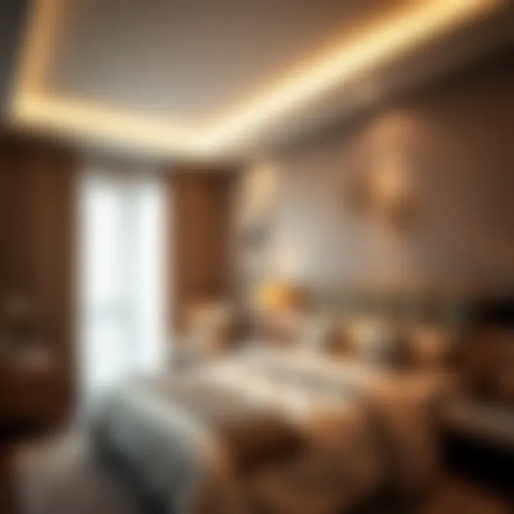 Long LED lights providing ambient lighting in a cozy bedroom