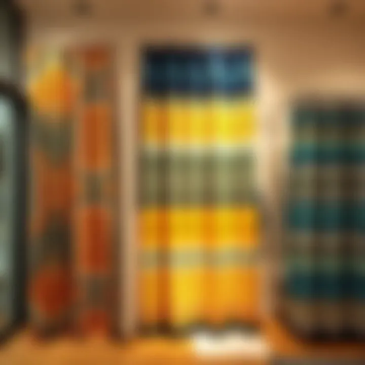 Variety of shower curtain designs displayed on a wall