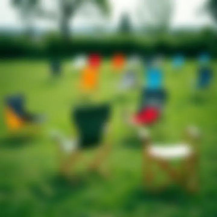 Various designs of foldable camping chairs arranged on grass