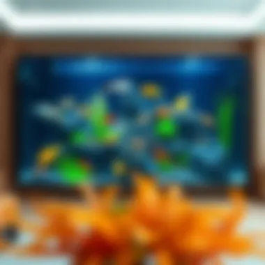 Vibrant aquatic life in an aquarium beneath a flat-screen TV