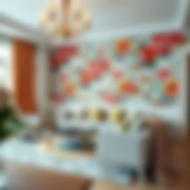 Vibrant floral wallpaper in a modern living room setting