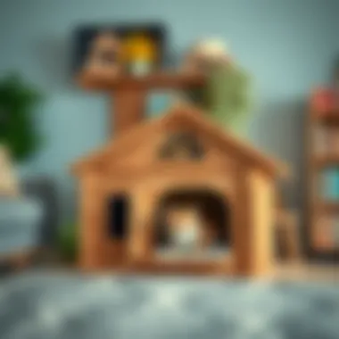 A cozy wooden cat house in a living room setting