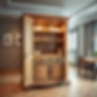 Elegant wooden pantry cabinet with an open layout for easy access