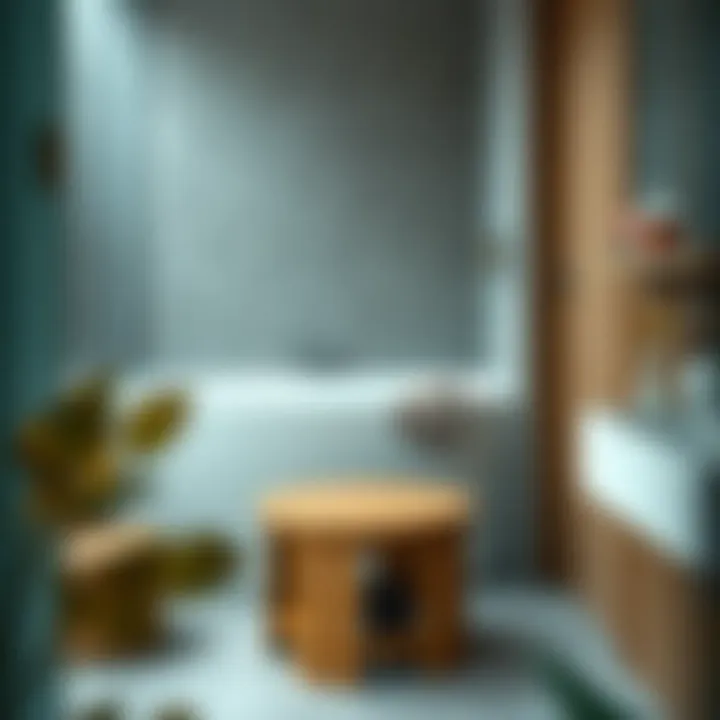 Wooden Shower Seat in Serene Setting Wooden shower seat in a serene bathroom setting
