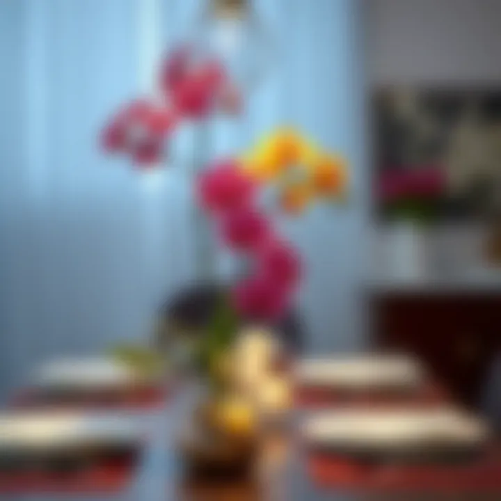 Vibrant Orchids as Dining Table Centerpiece Vibrant artificial orchids as a centerpiece on dining table