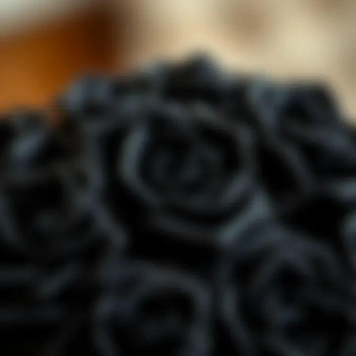 Close-up view of intricate details of synthetic black rose petals
