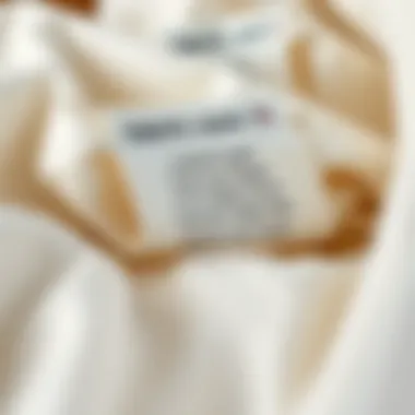 Close-up of fabric care labels on bedding