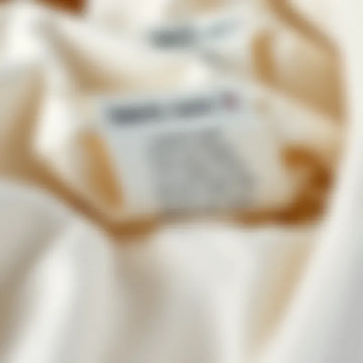 Close-up of fabric care labels on bedding