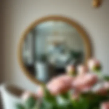 Elegant round mirror reflecting a dining area