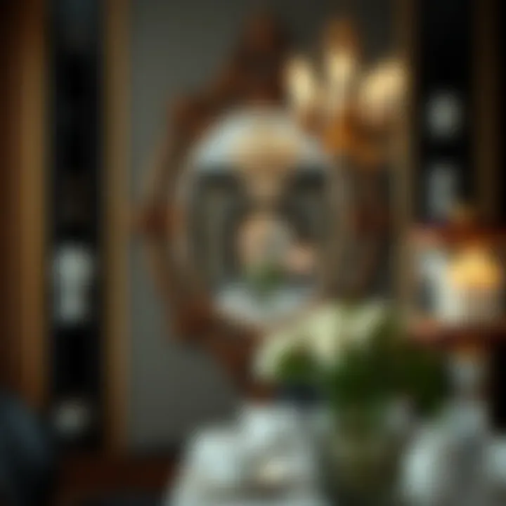 Large decorative mirror creating depth in an elegant dining setting