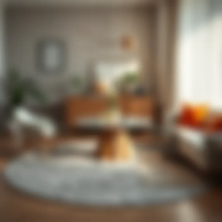 Round gray rug creating a harmonious balance in a dining room