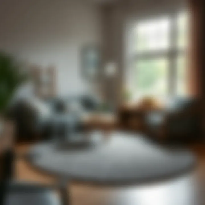 Textured round gray rug adding warmth to a cozy reading nook