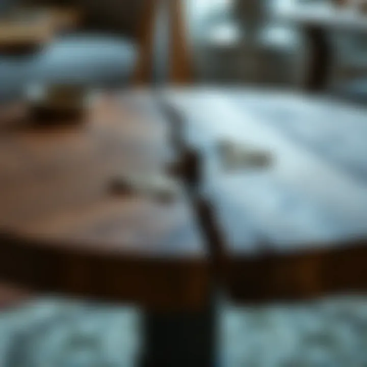 Close-up of the craftsmanship of a round broken table